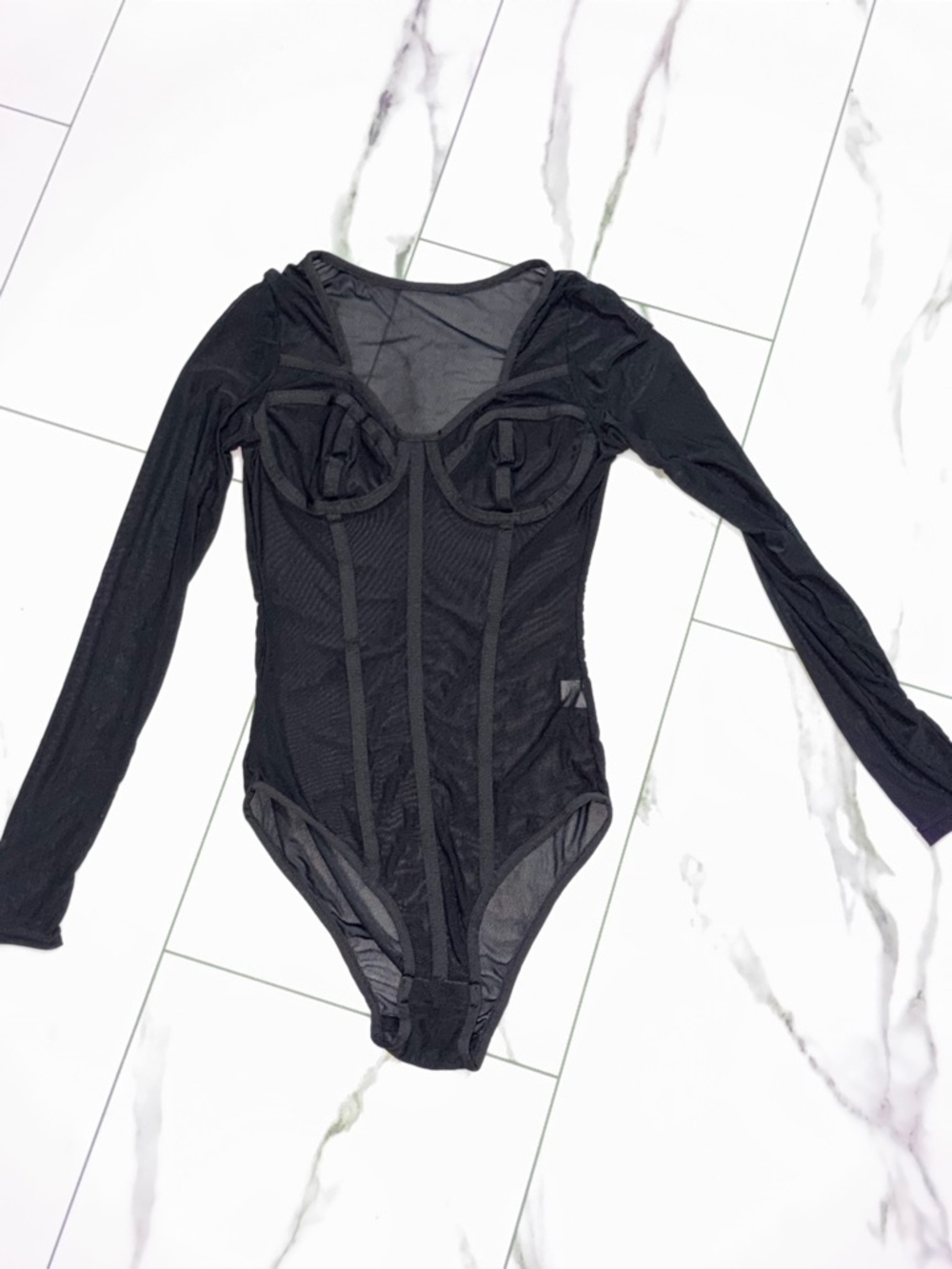 JSCatalog Black Long-Sleeve Mesh Boned Bodysuit